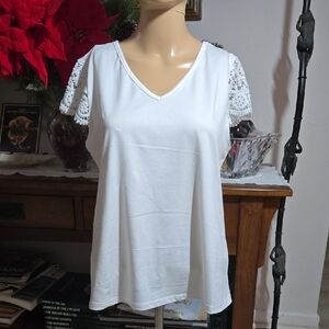 Elegant White V-Neck Blouse with Lace Sleeves.  M.  NWOT